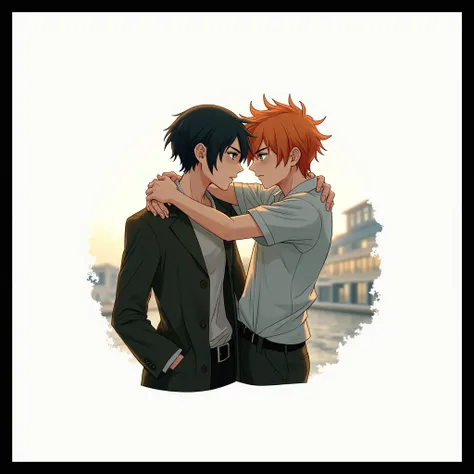 2 people, orange boy with green eyes and freckles hugging a serious-faced woman with short black hair and black eyes, anime art, realistic, masterpiece, beautiful