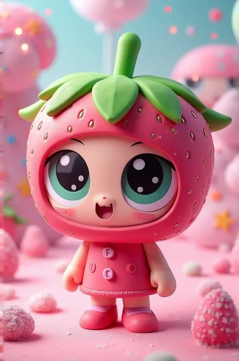 Create a Powerpuff Girls-themed candy, dressed in pink strawberry 