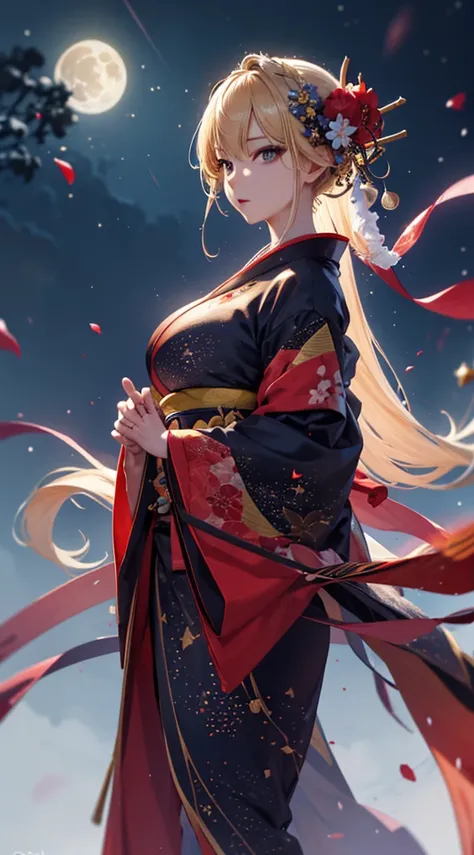 masterpiece, high quality, 4K, Beautiful design, blonde， 非常に詳細な夜のStarry Sky, wonderful, Finer details,  Very knowledgeable woman, Highly detailed solo, 1 female,Big Breasts，A red kimono，Night view，Starry Sky，full moon，