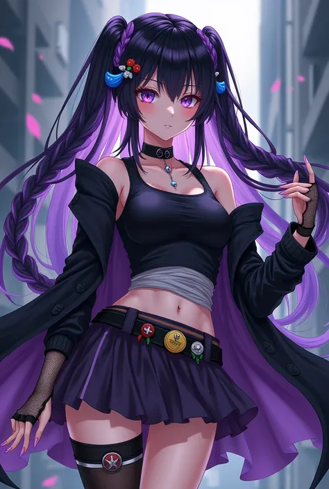 Make a female anime character with black and purple hair being braided like Elsa, blue pin accessories, purple glasses and eyes, long black jacket, dark black tank top with bandadge covering her chest and gray cloth covering her stomache, dark purple skirt...