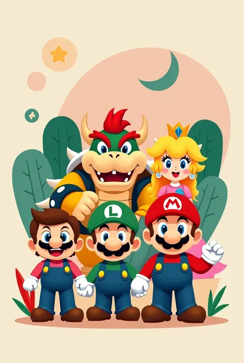 All Mario bros characters, both good and bad, to, abstract cartoon with not so many colors for children not realistic