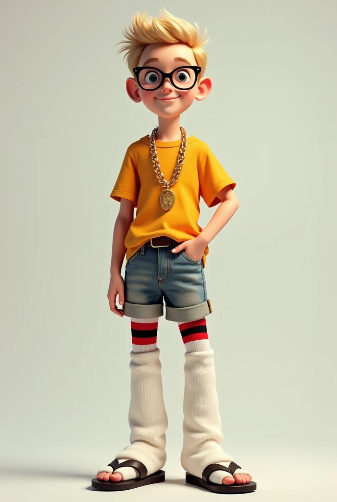 Boy with white long socks that go over the knee and wears flip-flops. He is wearing shorts and the socks have a red, black and red stripe.. The hair is short and blonde. Hes wearing glasses and a thick gold chain