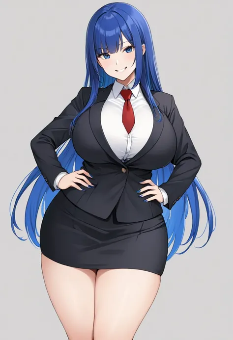 1girl, solo, long royal blue hair, hair bangs,  standing, sharp outline, black blazer, white shirt, red tie, black pencil skirt, busty, thick thighs, wide hips, big soft thighs, shapely legs, black high heels, full body shown, white background, short heigh...