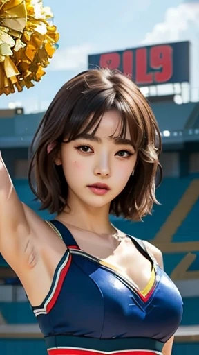 ((Highest quality、8k、Like the picture:1.4、masterpiece))、Backlight、Highly detailed facial texture woman、　Cute Japanese Woman、18-year-old、(((Bull Cheerleader:1.2)))、((Stadium Background:1.2))、Raise your arms、Camera angle from below、Ultra-detailed skin、Beauti...