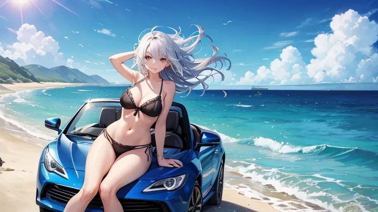 Please draw an illustration of a scantily clad woman driving an open-top car along a road by the sea.。The woman is relaxing with her hair blowing in the wind.、The blue sea and clear sky are in the background.。