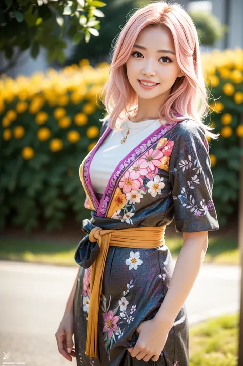 highly detailed and intricate background, full body shot, absurdist, high resolution, ultra detailed, 1 Japanese fashion model, Yae Miko, bright smile, pink hair, purple eyes, (floral branch:1.3), (Zentangle:1.2), (Geometric:1.2), colorful