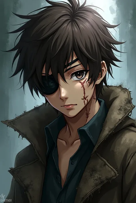 Anime guy with brown hair with an eyepatch and scars