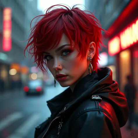 beautiful girl, Half-length portrait, short and messy bright red hair, black eye shadow, (street style clothing:1.2), (city background:1.2), dark makeup, Digital art, trend in artstation, highly detailed, good detail, Intricate,  beautiful detailed glow, d...