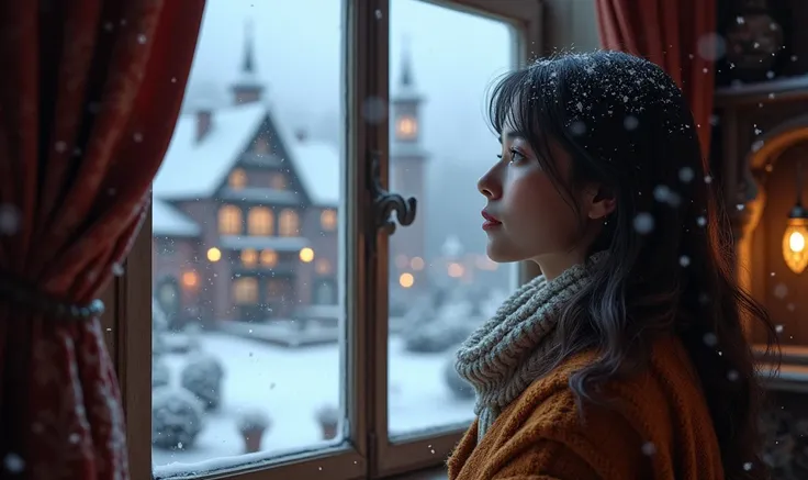 (photorealism:1.2),Woman looking out window at snowfall with scenic town houses mast lights in the background