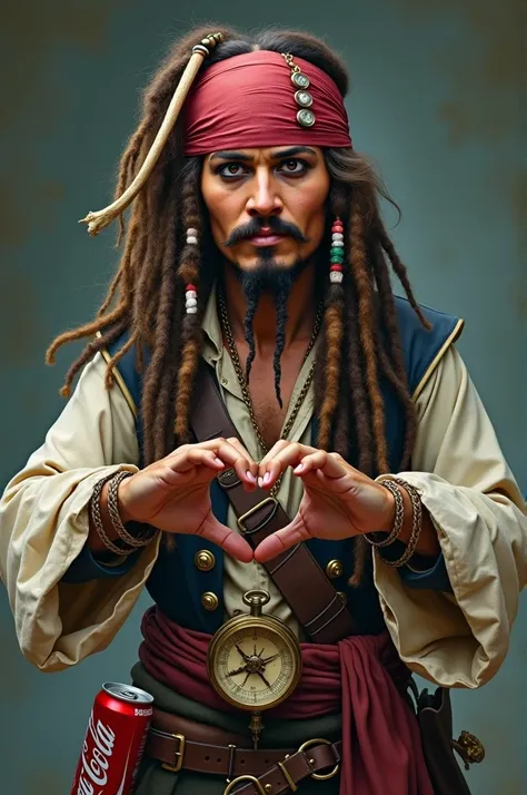 Jack sparrow qui porte une boussole et un coca cola à la ceinture et qui fait un coeur avec ses mains