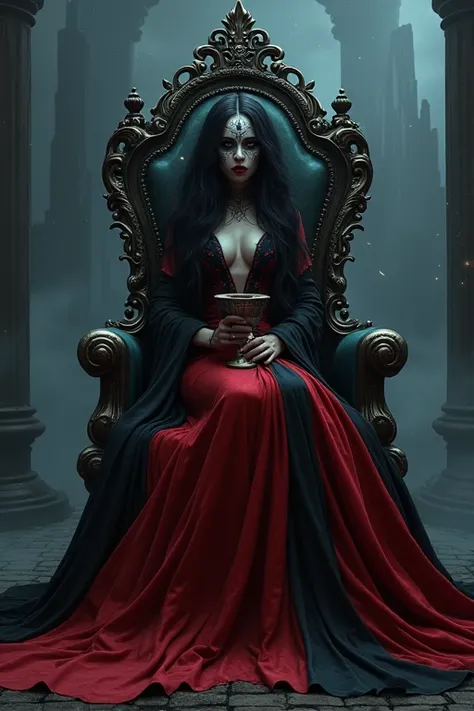 beautiful woman; long black hair; skull painting on your face; wearing a long red and black dress; holding a chalice; SITTING ON A THRONE; night scene in the background