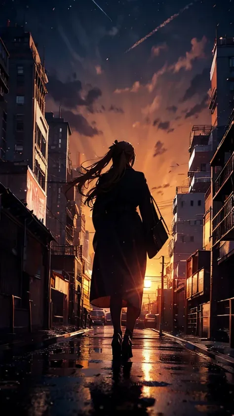 １people々々々々,Blonde long-haired woman，Long coat， Dress Silhouette， Rear View， Anime Style, City night view from the rooftop，Countless missiles covering the sky，