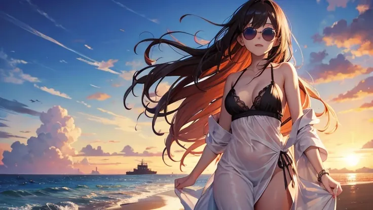 The theme is a scantily clad woman driving an open car along a seaside road.、Please draw a scene of the sun setting.。Woman wearing sunglasses、She is wearing a loose dress、The orange sea and sky spread out in the background.。