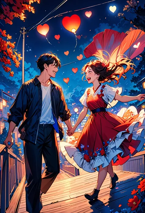 (Highest quality,Very detailed,Realistic:1.37),humor,Comic book style,Bold,Vibrant colors, Close to cool colors,Desaturate,Beautiful night view, A girl and a boy, Fun couple, Laughter, floating love,