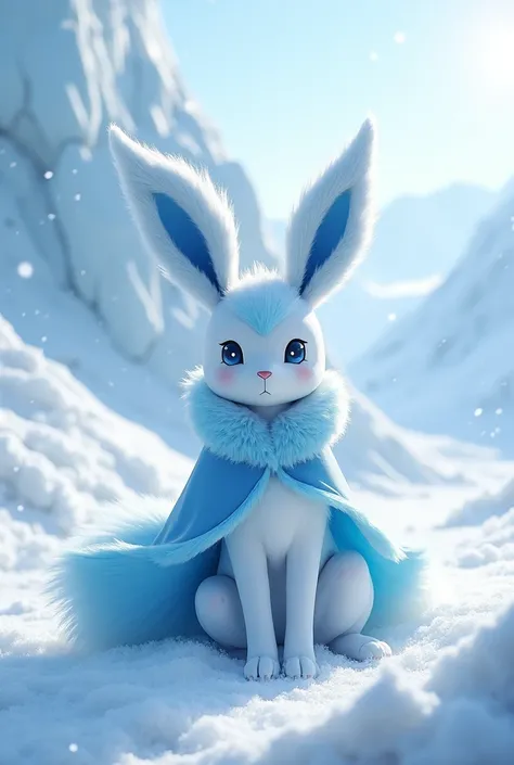 The Pokémon Glaceon in a snowy tundra, wearing a blue cloak with feather down around the neck