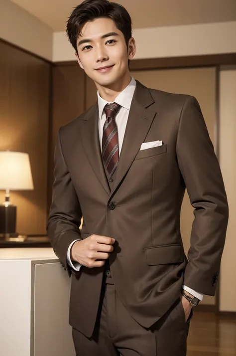 (masterpiece、perfect handsome man), (a man in his 30s, brown short hair, smile), (secretary, suit), president&#39;s office, mode...