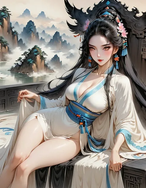 (Masterpiece, best quality:1.2), 1 girl, Hanfu Purple, （Dress conservatively：1.3）, Delicate and beautiful face, mature, smile a little, long black hair, golden eyes, Lying supine on the throne, Long legs, Slender legs, (Slender legsยาว:1.2), Barefoot, (Ink...