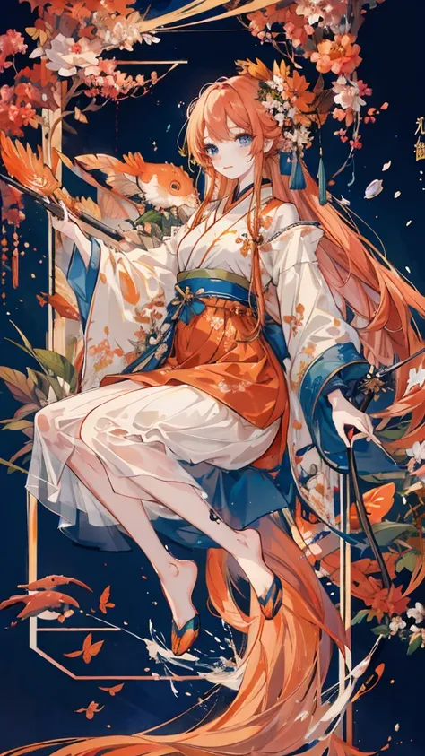 carp，Orange long hair，blue eyes，橘色carp花紋的白色漢服，carp旗