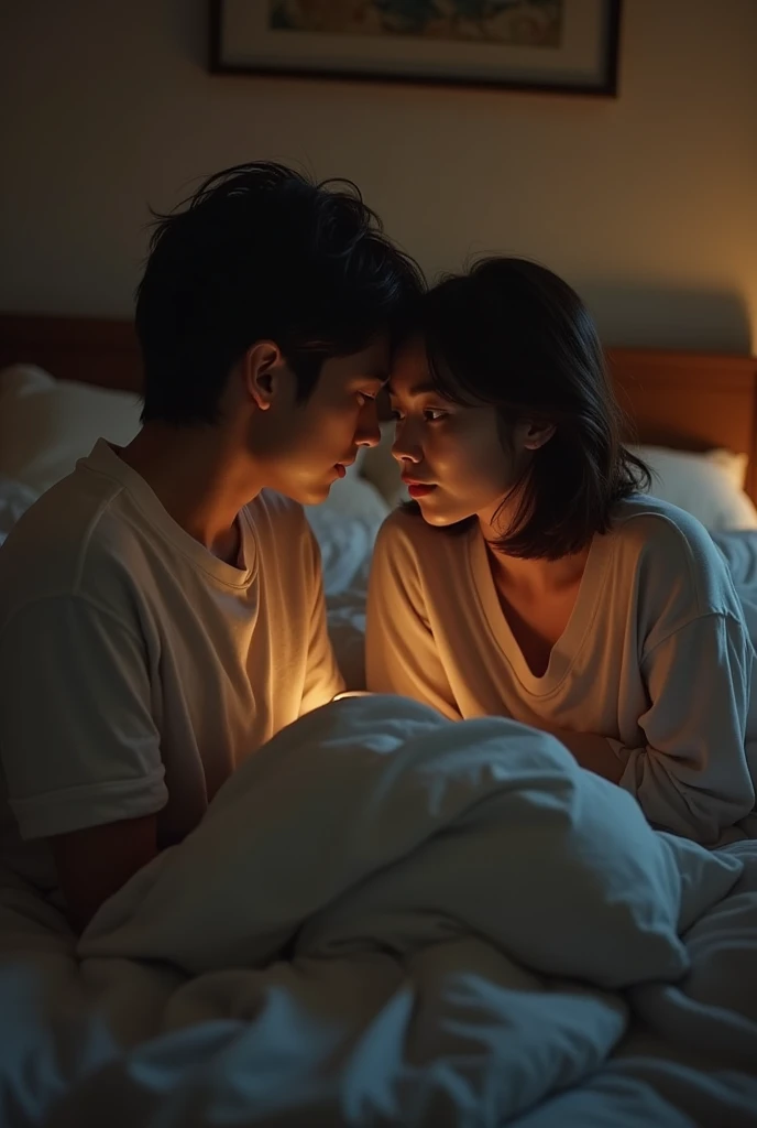 a 24 year old man , italian, laying down on a bed , talking to a Korean woman with short hair.