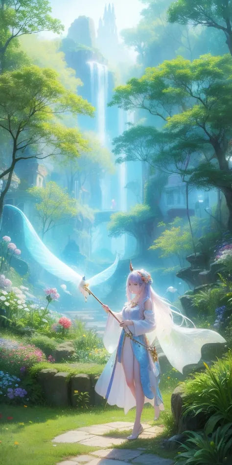 Fairy tale world, Wonderland, ((Tyndall effect)), Giant Tree, Golden beam, Fantasy Creatures, Fairy, unicorn, Talking animals, Sweet floral aroma, Sweet birdsong, dappled shadow, Wearing a white robe, Magic Wand, Colorful light spots, Far away magical coun...