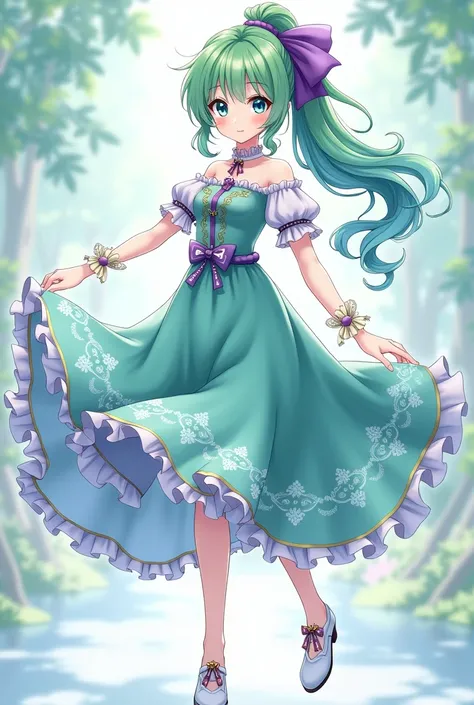 Make an anime female character who had green, blue teal and purple hair, purple bow on her hair being hair down and ponytail, teal green dress with mixed of purple and white color, teal green eyes and white shoes 