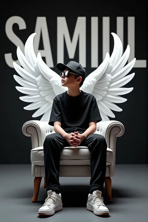 Create a 3D illusion for a instagram profile picture where a  boy in a black shirt sits 	causally on a wingback chair. wearing sneakers, a black football cap, and sunglasses. he looks ahead the background feature Samiul in big and capital white fonts on th...