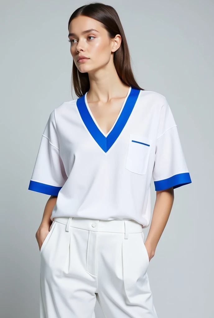 make 2 white shirts, one front and one back, V-neck in blue, sleeves with a blue stripe on the edge and a blue stripe in a horizontal position in the central region.