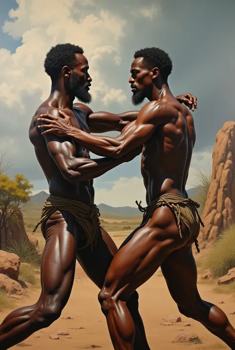 African men fighting outside. Realistic paint 