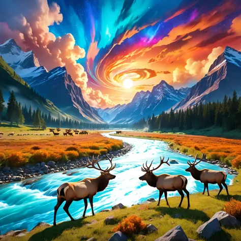 ((masterpiece)), best quality, (8k, best quality, masterpiece: 1.2), ultra-detailed, a herd of elk walking along a river in a mo...