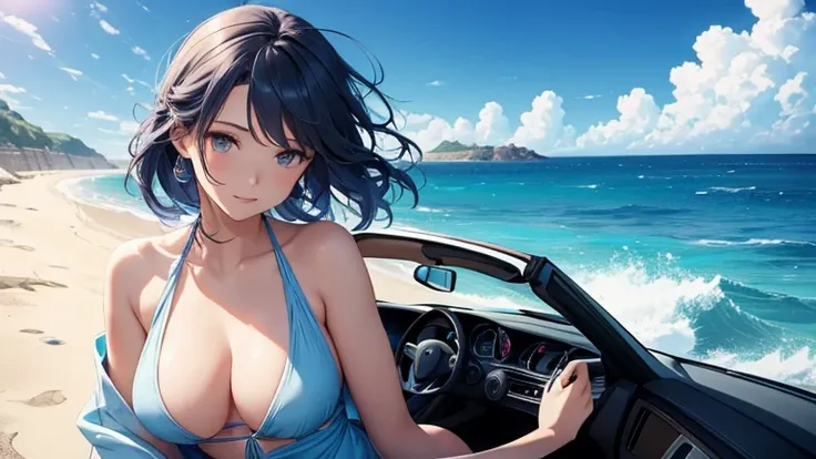 Please draw an illustration of a scantily clad woman driving an open-top car along a road by the sea.。The woman is relaxing with her hair blowing in the wind.、The blue sea and clear sky are in the background.。