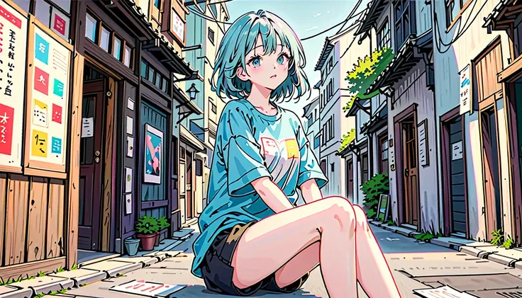 Very detailed:1.3、(Absurd、texture、masterpiece)、pixiv Contest Winner、John Berkey、Sitting with legs crossed、Hair like the night sky、Dark aesthetics、Euphoria、Oversized T-shirt、Black shorts、Beautiful woman、Old alley background、Dozing off、Crayon colored zentang...