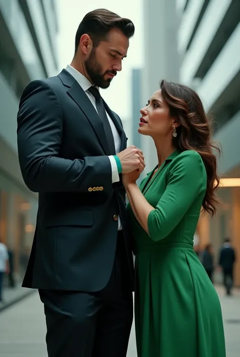 A super confident man in a suit, head held high, adjusting his suit sleeve with a woman by his side pleading for attention in a green dress.