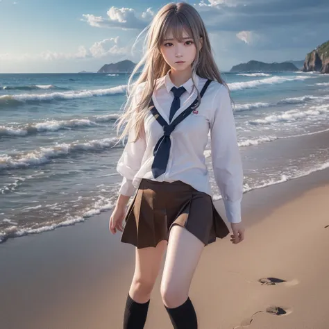 ((masterpiece)), ((Highest quality)), ((High resolution)), ((Highly detailed CG Unity 8k wallpaper)), alone, Tachibana Sonata, Brown uniform, Black Skirt, White socks, Outdoor, face, Beach, Hanging hair, Parted hair, Silver Hair