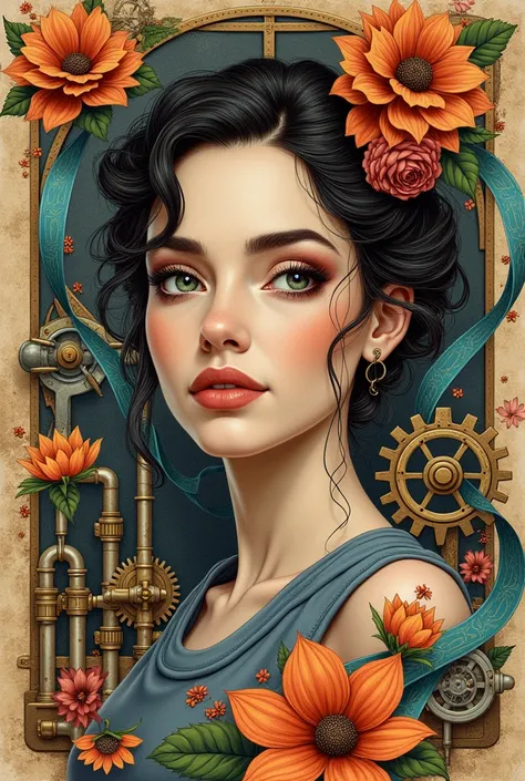 Charlie Bowater realistic Lithography sketch portrait of a woman, flowers, [gears], pipes, dieselpunk, multi-colored ribbons, old paper texture, highly detailed