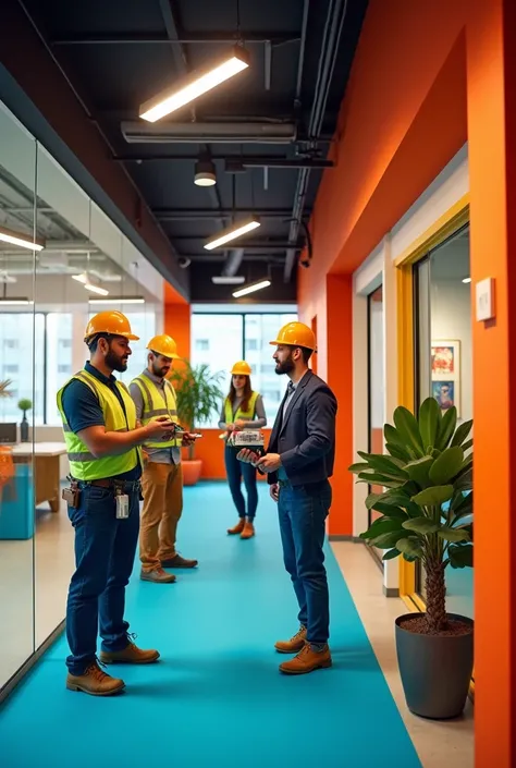 A photo where a profession engage in inspecting a office room site before installing air conditioners, a colorful place with vibrantt clrs