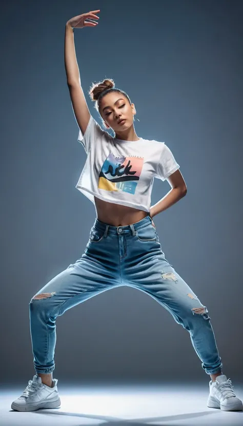 A modern girl, wearing a youthful style T-shirt, short jeans, breakthrough style, hip-hop dance pose, arms bent in artistic dance pose. (Highly Detail:1.2),(Cinematic Lighting,Delicate Colors), 8K, ((lifelike)), masterpiece