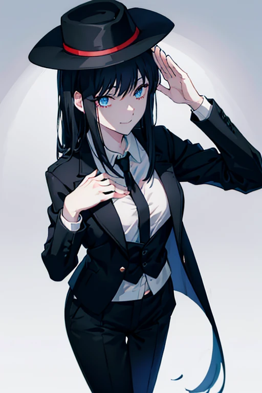 Long straight black hair，blue eyes，Sharp eyes，Smiling，Wearing black formal suit、white lining、Female magician in black trousers，Holding a black hat in one hand，Another hand caressing the chest，Salute on stage