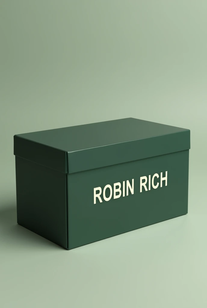 Dark green shoebox with ROBIN RICH written in white on top in "times new roman" font
