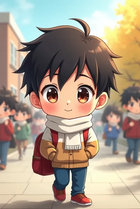 Anime chibi boy wears a white scarf and wears a white and brown sweater and go to school