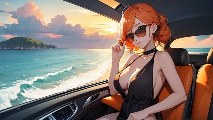 The theme is a scantily clad woman driving an open car along a seaside road.、Please draw a scene of the sun setting.。Woman wearing sunglasses、She is wearing a loose dress、The orange sea and sky spread out in the background.。