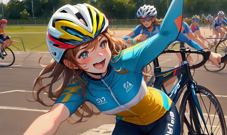 Female cyclist　Celebrating after scoring a goal　cute　Wearing a helmet　Medium chest　Cycling venue