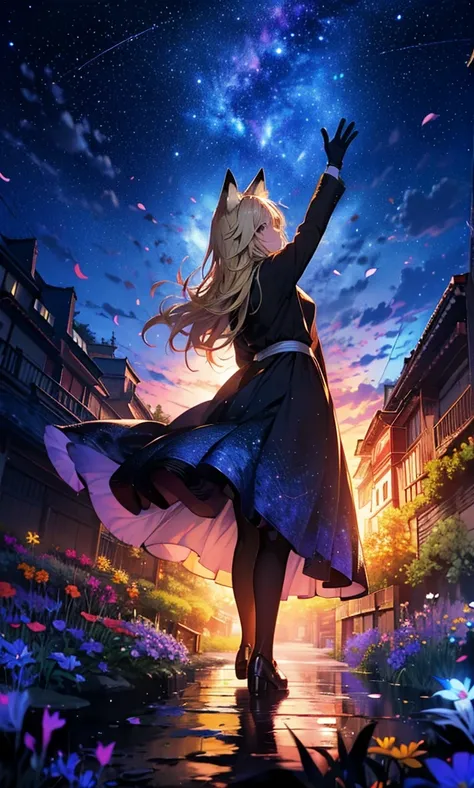 １people々々,Woman with medium length blonde hair，Fox Ears，Long coat，Takageta， Dress Silhouette， Rear View，Space Sky, Flower Field，Countless meteor showers，Colorful flowers，Dancing Petals，