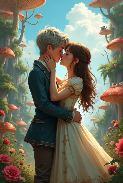 Alice wearing a dress that is not hers, Teenager with brown hair and cute boy with grey hair , kissing in wonderland 