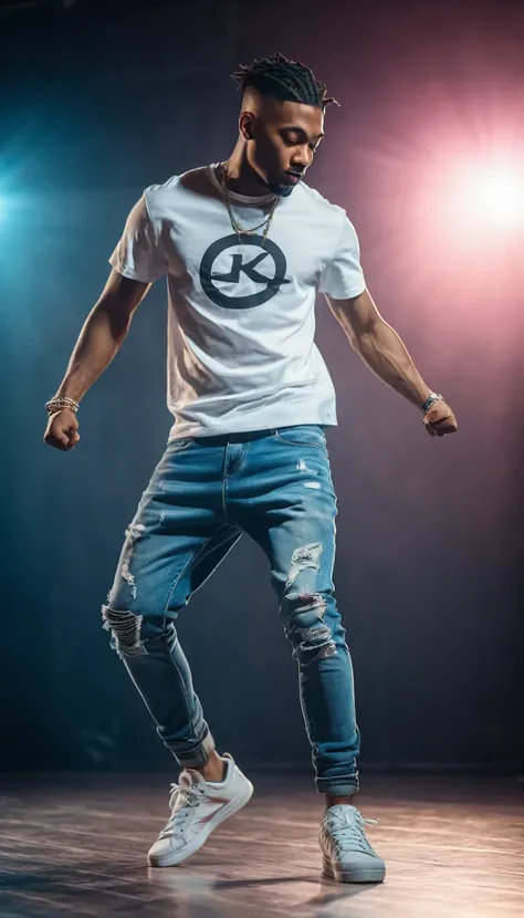 A modern guy, wearing a youthful style T-shirt, short jeans, breakthrough style, hip-hop dance pose, arms bent in artistic dance pose. (Highly Detail:1.2),(Cinematic Lighting,Delicate Colors), 8K, ((lifelike)), masterpiece