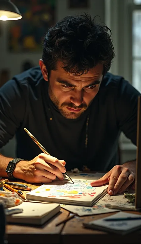 **A Person Engrossed in Their Craft**: An artist, writer, or musician deeply immersed in their work, surrounded by the tools of their trade, with a look of intense focus and satisfaction on their face.in Dall e-3 style 