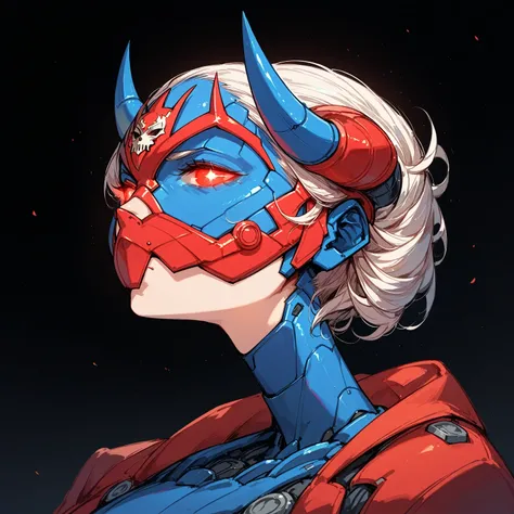 Anime Style,Mechanical Hannya Mask,A woman wearing a Hannya mask,Glowing Eyes、Iron Man Mask,Mask covering the mouth,Protruding horns in the front