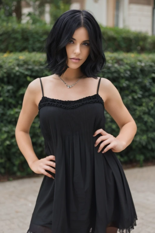 A gothic girl in a black dress, shoes black, short black hair, looked angelic
