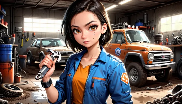 A woman in a mechanic outfit in a dirty garage, modern cartoon, realistic, dirt on face, wrench in hand, zipper open, sharp, best quality, 4k, ultra detailed, best quality, 8k, amazing details