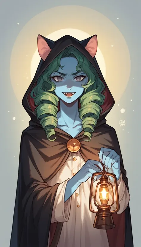 Masterpiece, best quality, hand-drawn style, lots of details, high quality, right shadows and light, a female person, azure-blue skin, cat-like ears,  build, sharp fangs, gray eyes, shoulder-length curly green hair, hooded cape and wide-legged trousers in ...