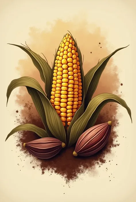 Create a logo for an artisanal chocolate shop named Los Granos de Oro, featuring corn cobs, cacao seeds, or the cacao flower. 